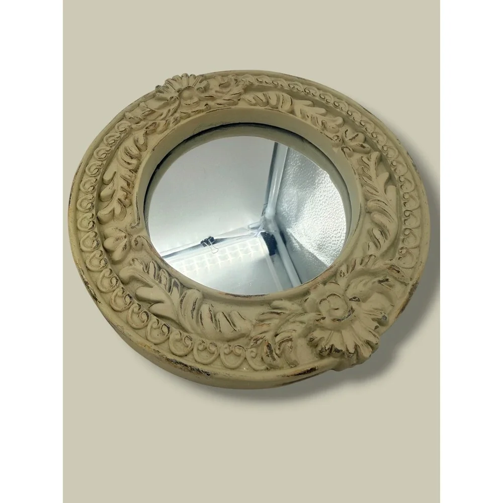 Vintage Style Ornate Round Wall Mirrors Set 2 Cream Distressed Shabby Chic
